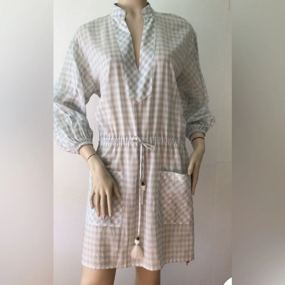 Tory Burch Light Blue & White Gingham Long Sleeve Drawstring Dress